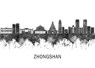 Obraz premium Zhongshan China Skyline BW, cityscape landscape watercolor abstract painting splash travel art illustration graphic design urban art modern downtown