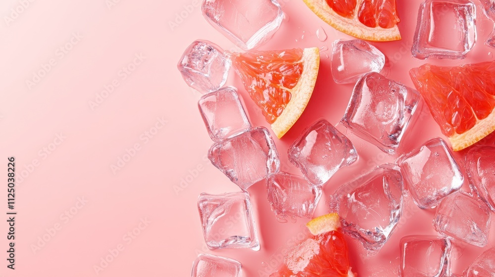 Poster fresh grapefruit ice cubes on pastel pink background - clean and inviting refreshment with versatile