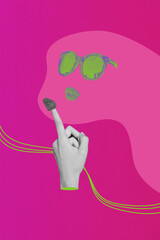 Poster trend sketch template 3D photo collage of surreal faceless anonymous sunglasses mouth lips...