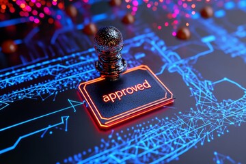 A pixel art document glowing with animated sparkles, featuring a small â€œapprovedâ€ stamp and colorful details in retro style