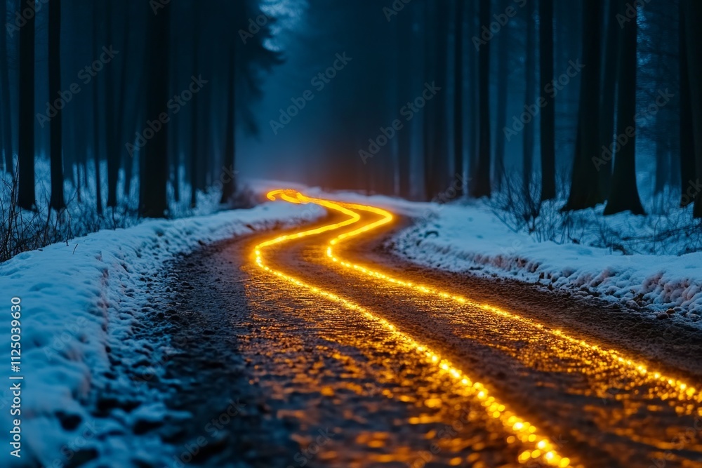 Poster a serene image of a foggy forest path illuminated by streaks of light, symbolizing the mystery of dr