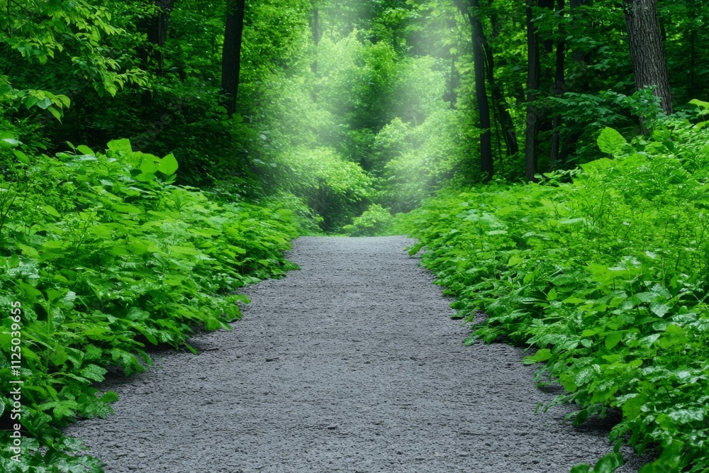 Poster a serene image of a foggy forest path illuminated by streaks of light, symbolizing the mystery of dr