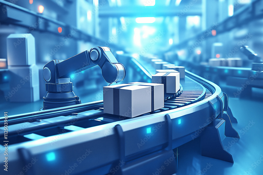 Poster robotic arm sorting packages on a conveyor belt in a modern warehouse. generative ai