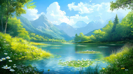 Fototapeta premium Serene Mountain Lake Scenery, Ideal for Nature Backgrounds. A picturesque digital painting of a tranquil lake nestled amidst lush greenery and towering mountains.