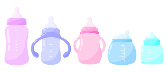 Baby bottles vector set of illustrations. Infant nutrition, newborn feeding, nursing bottle types