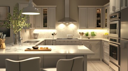 A modern kitchen with soft under-cabinet accent lighting.