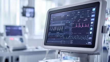 Fototapeta premium Medical monitor displaying vital signs in a hospital room.