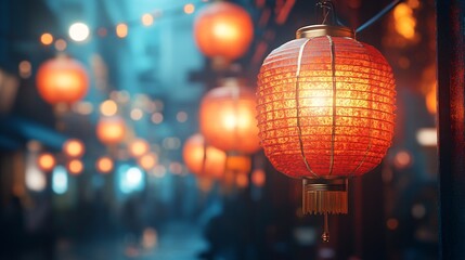 Fototapeta premium Glowing Red Lanterns, Asian Night Market