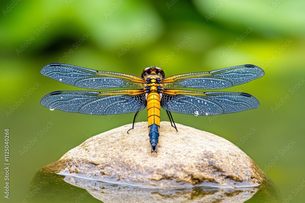 Poster a serene photo of a dragonfly resting on a small rock surrounded by dewdrops in the early morning li