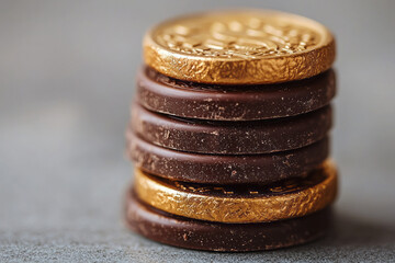 A minimalist arrangement of glossy chocolate coins stacked neatly in a single column, with their embossed details softly highlighted against a clean beige background,