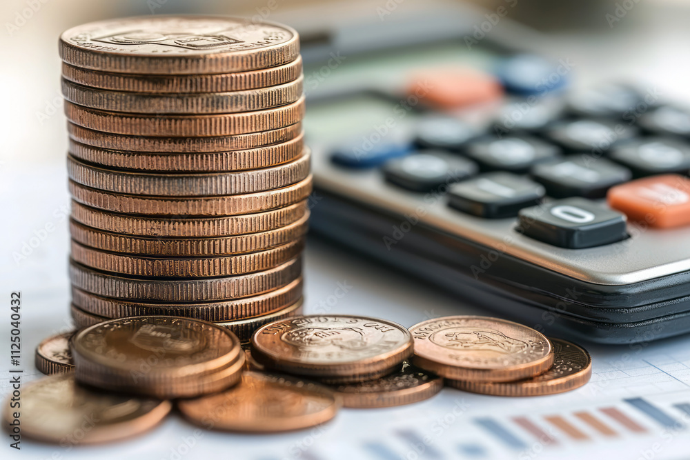 Poster a stack of coins and a calculator placed symmetrically on a clean white surface, symbolizing budgeti
