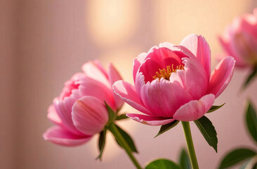 Obraz premium Pink Peonies Flowers on Light background with Copy Space.