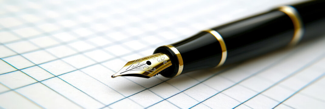 Close-up of Elegant Fountain Pen Writing on Stylish Grid Patterned Paper with Golden Accents