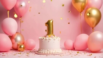 A pink and gold 1st birthday anniversary celebration with balloons and confetti	
