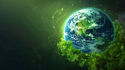 Obraz premium A digital Earth with glowing green energy lines representing sustainability.