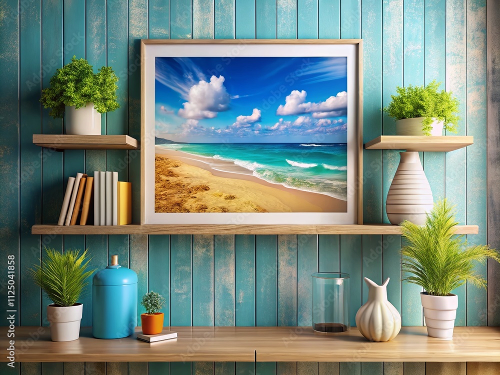 Aufkleber coastal style shelf with closeup poster frame in 3d rendered generative ai, emphasizing textures, co