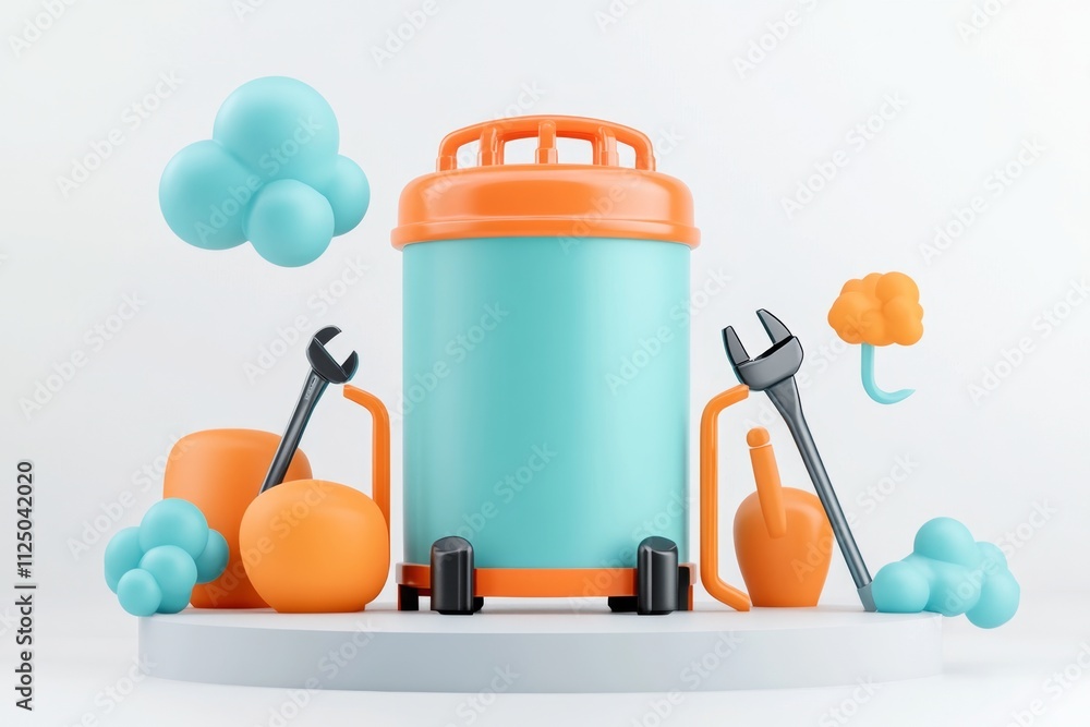 Poster a whimsical 2d depiction of an air compressor surrounded by floating tools and animated puffs of air