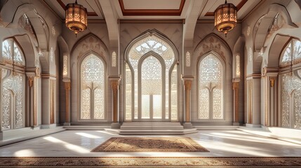 Obraz premium Ornate Interior of Grand Mosque with Intricate Windows and Arched Architecture