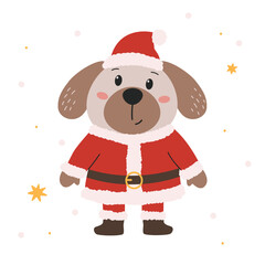 Flat vector illustration in a simple children's style. Cute dog in Santa Claus costume on white background