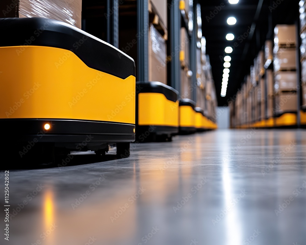Aufkleber a sleek, automated warehouse with yellow robots navigating between rows of stacked boxes under brigh