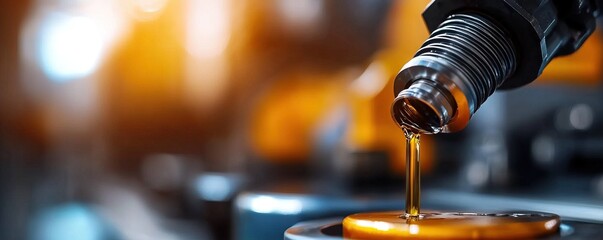 A close-up of oil being poured from a bottle, showcasing its rich color and texture against a blurred industrial background.