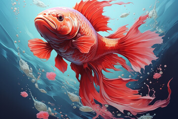 red fish swims in the water, 