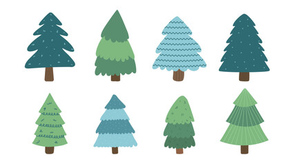 Set of Christmas trees isolated on white background. Vector illustration in flat style.