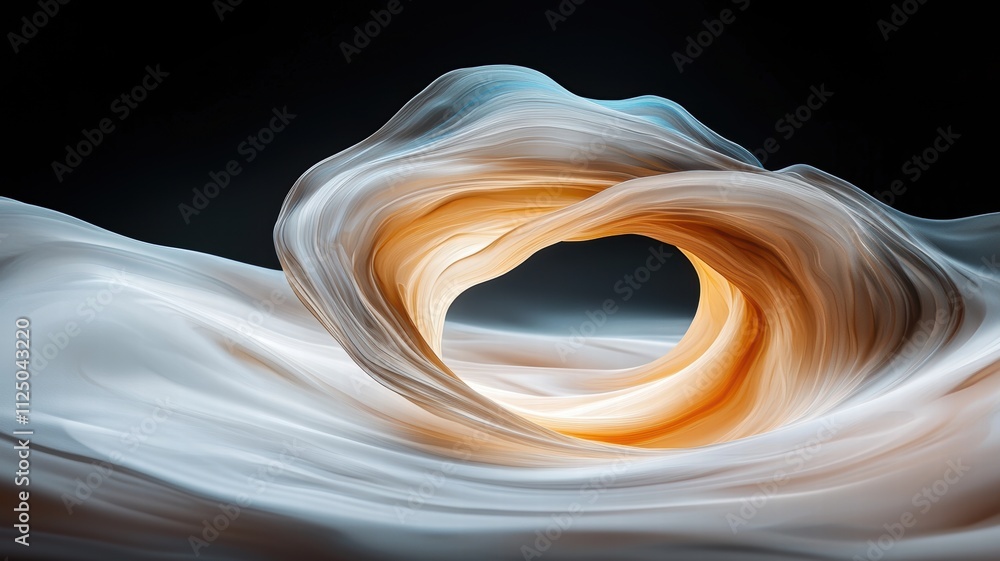 Poster abstract swirling shape with soft colors and a central opening.