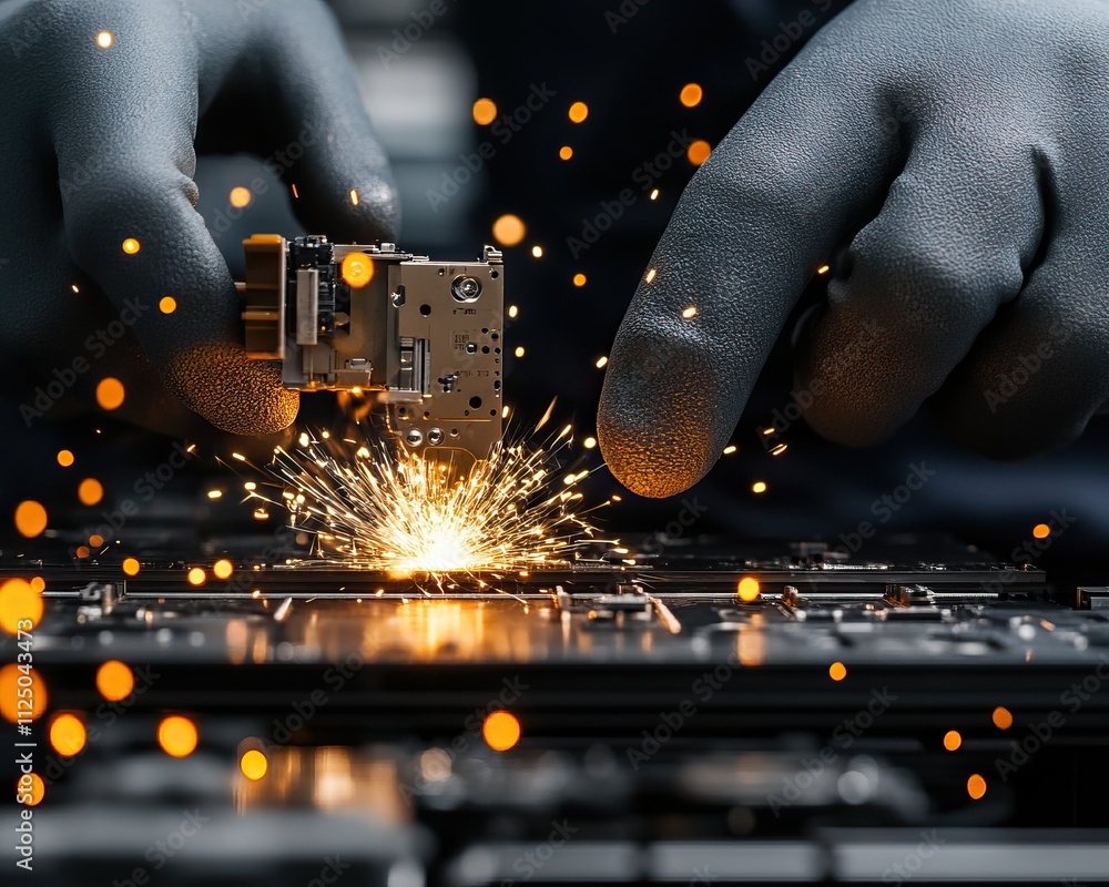 Poster a technician works on a circuit board, creating sparks with precision tools, showcasing advanced tec