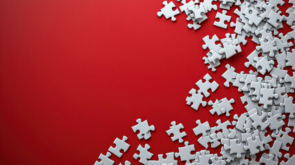White puzzle pieces scattered on vibrant red background create striking visual contrast, perfect for text overlay or product display