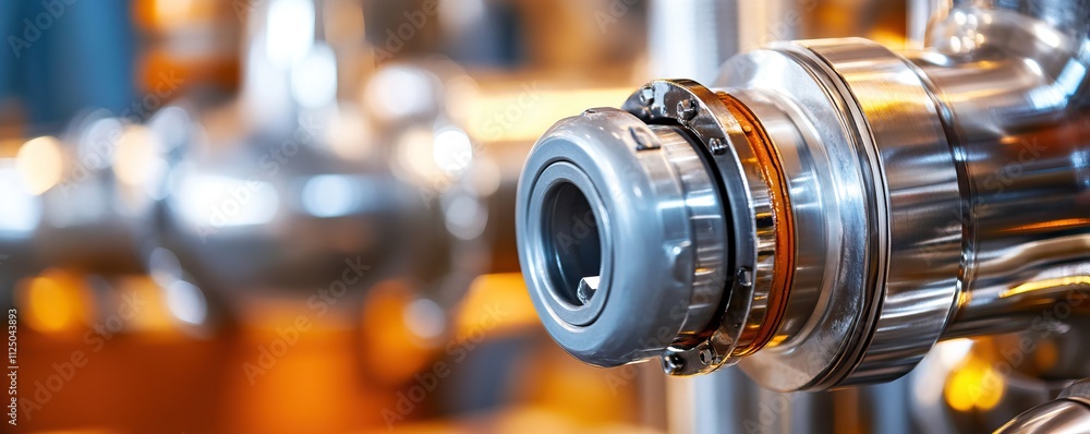 Poster a close-up of a metallic pipe fitting with a shiny, threaded surface, showcasing intricate details t