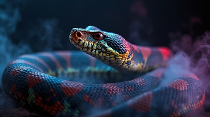 Fototapeta premium Colorful snake in vibrant smoke, showcasing stunning patterns.
