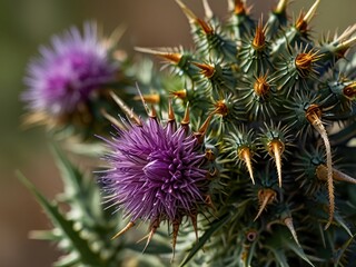 Detailed View of Thistle Flowers in Their Radiant Full Bloom with Sharp Petal Textures