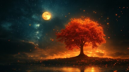 maple tree in autumn and full moon with stars in the night sky background
