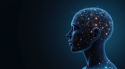 digital art, human silhouette, neural network, glowing lines, abstract background, creativity, technology, innovation, artistic portrait, scientific imagery