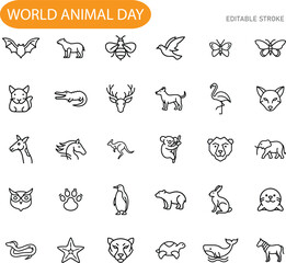 World Animal Day Diverse Wildlife Icons, Editable Line Art