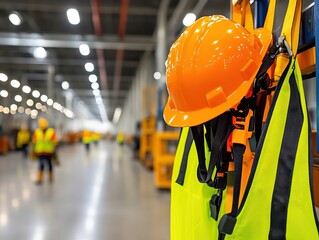 A bright orange hard hat and safety vest hang in an industrial setting, emphasizing workplace safety and equipment in a busy environment.