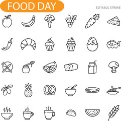 Food Day Diverse Culinary Icons, Healthy Eating, Editable Stroke