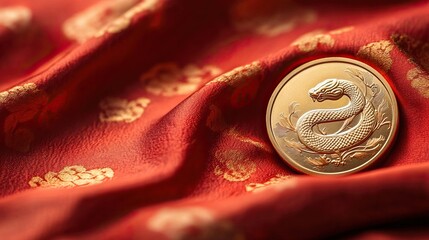 Elegant gold coin featuring snake on red silk with floral patterns celebrating chinese new year theme