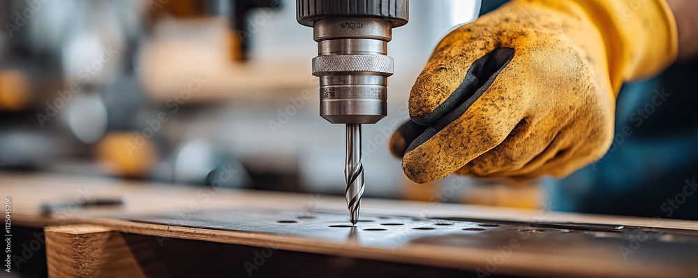 Poster a close-up of a worker using a drill on a wooden surface, showcasing precision and craftsmanship.