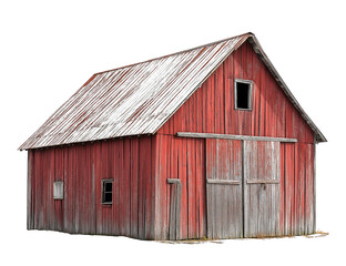 old red rustic wooden barn isolated on white background, weathered wood barn cutout png