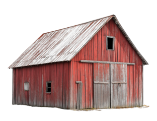 old red rustic wooden barn isolated on white background, weathered wood barn cutout png