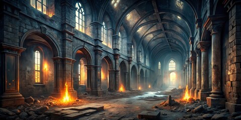 Fototapeta premium Ruined Cathedral Gothic Architecture, Burning Fires, Digital Painting