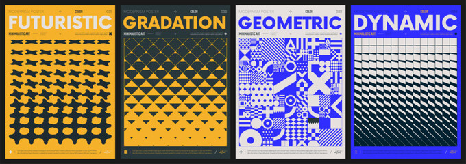 Modern abstract artwork collection, vector minimalistic posters with geometric shapes, brutalism style inspired graphic, bold Y2k futuristic aesthetic, form distortion effect, color set 6