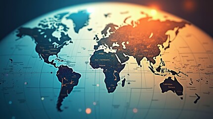 Fototapeta premium world map, continents, geography, travel, education, illustration, colors, light rays, discovery, modern design, art, studio, creative composition, abstract background, technology