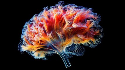 Abstract brain visualization, fiery orange and blue neural pathways.