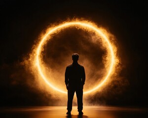 A silhouette of a person stands before a glowing, fiery circle, creating an ethereal and dramatic atmosphere against a dark background.