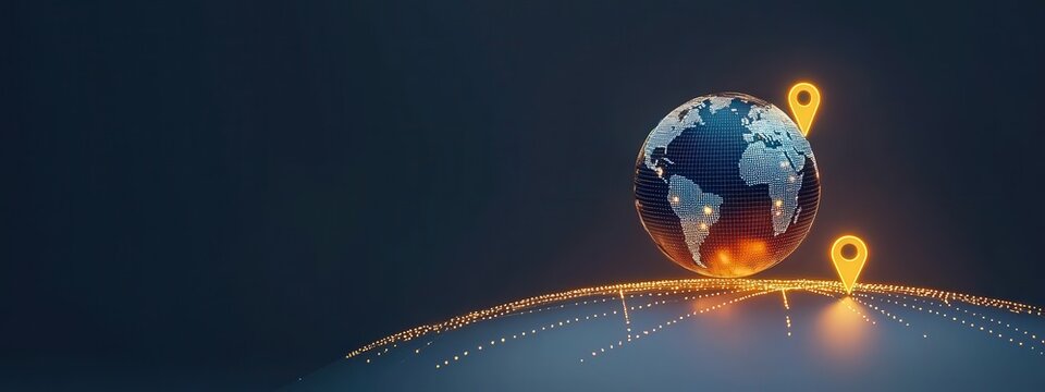 A globe with glowing markers for airports and waypoints.