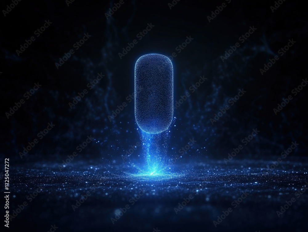 Poster a glowing microphone symbolizing digital voice technology, surrounded by a dark, abstract background
