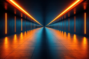 A futuristic corridor illuminated by orange lights, creating a dramatic perspective.